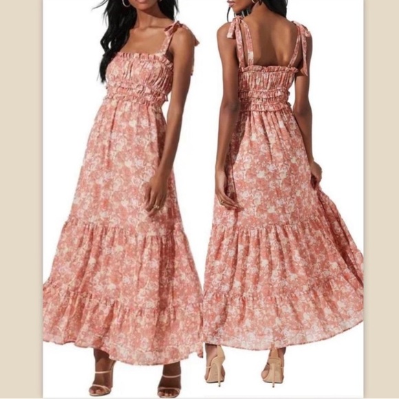 ASTR The Label Smocked Floral Maxi Dress Pink Tan Size XL - Picture 2 of 9